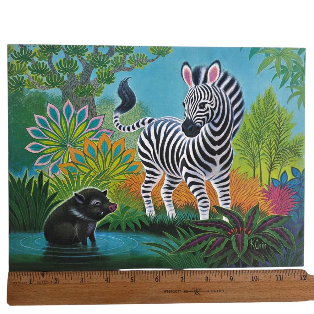 Vintage 1973 K Chin Zebra Tiger Jungle Art Prints Pair 12x9 Tropical - Picture 6 of 8